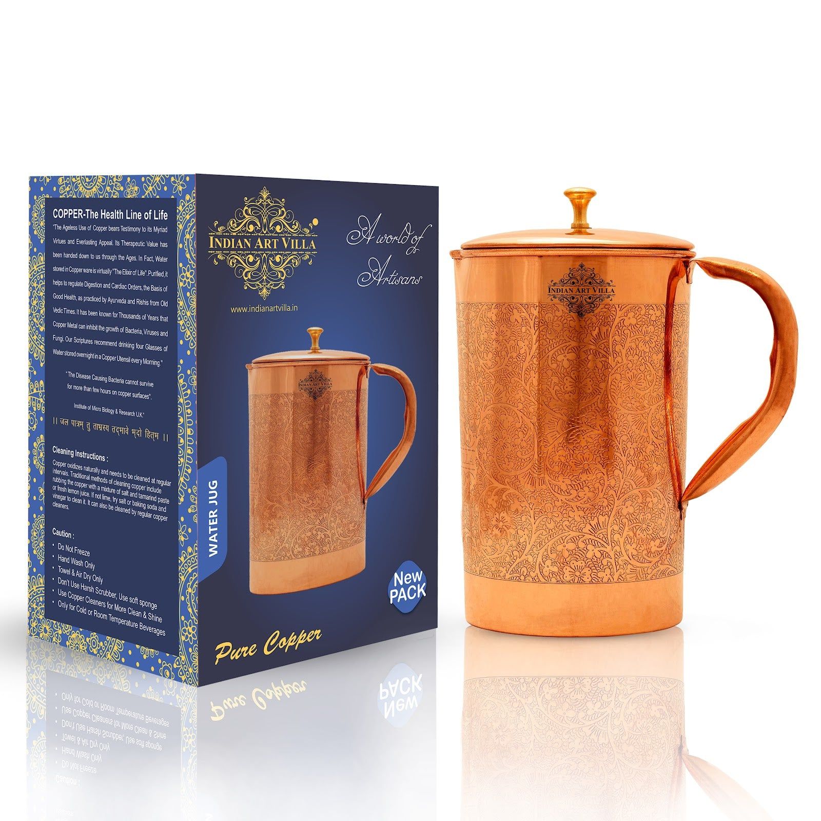 Pure copper embossed jug with brass knob on lid half embossed, 2000 ML
